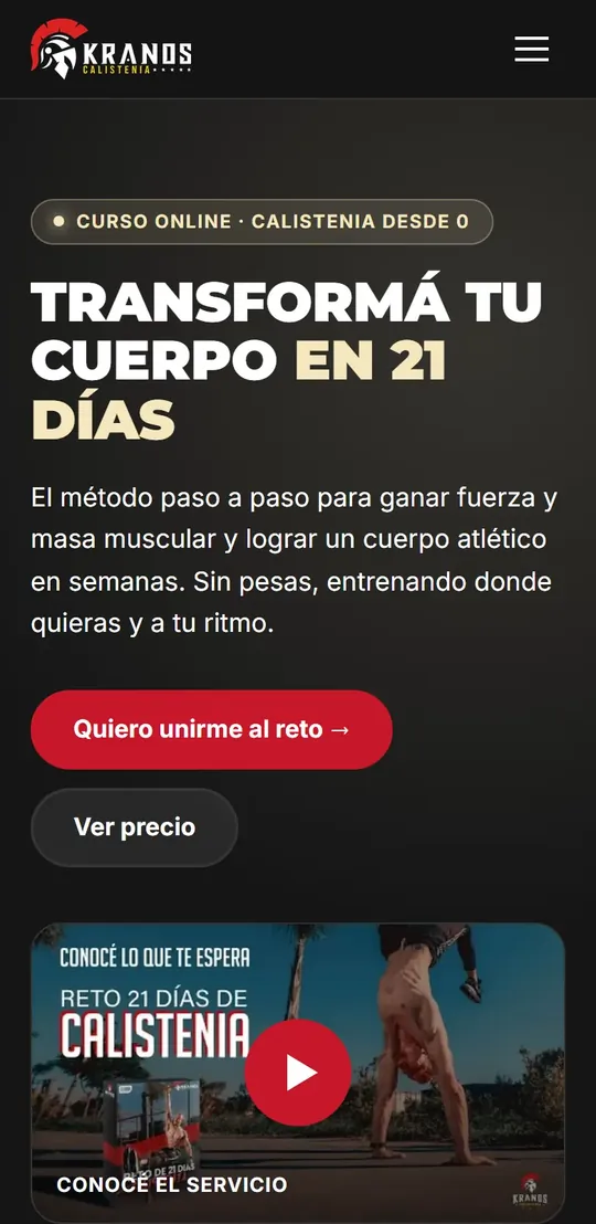 Página del Reto 21 Días de Kranos Calistenia en un celular